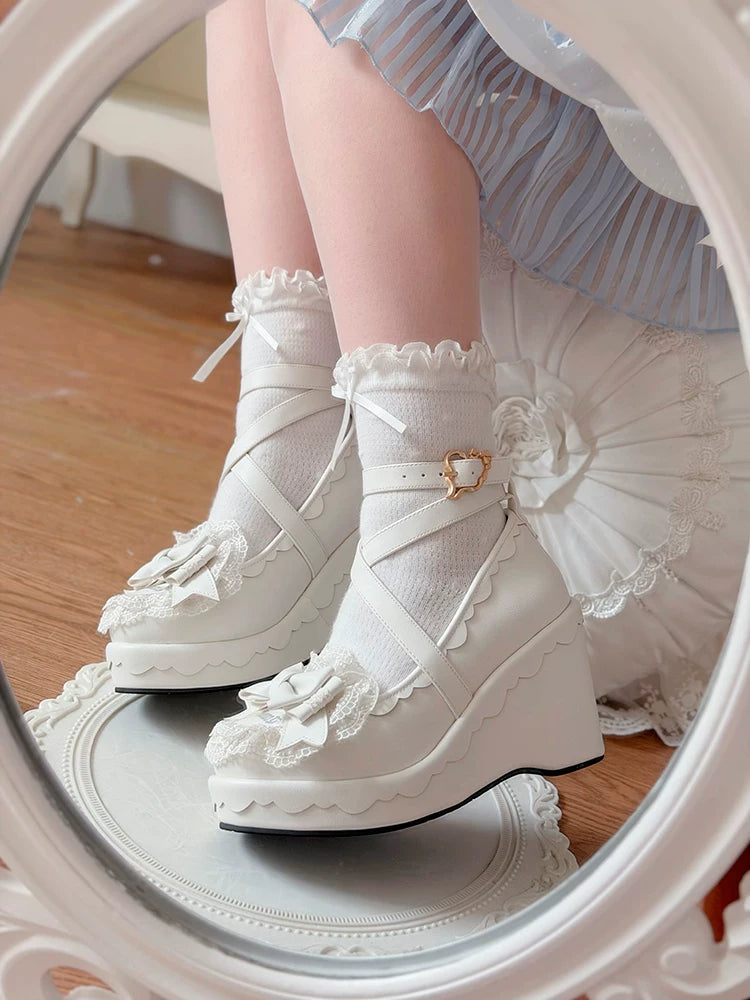 Sweet Lolita Wedge Shoes, Heart & Bow Details 45951:872526