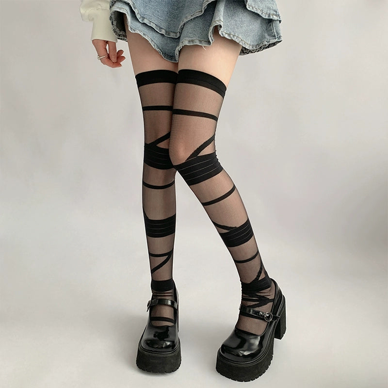 Lolita Socks Y2K Thigh-high Socks Straps White Black Silk 36616:522454