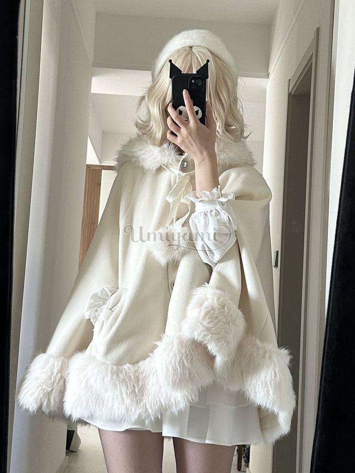 Jirai Kei Coat Bunny Ears Plush Collar Winter Hooded Cape 41894:717460