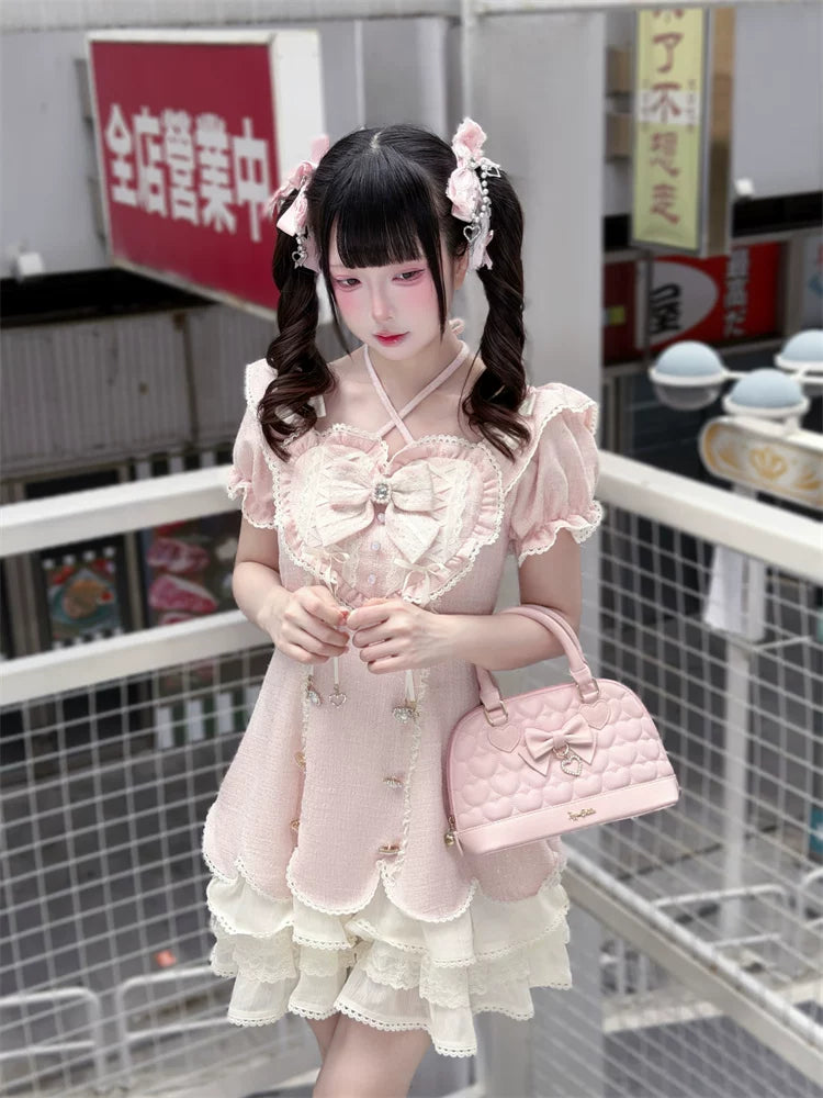 Pink Tweed Rousangata Dress, Front Heart Decoration 45570:854473