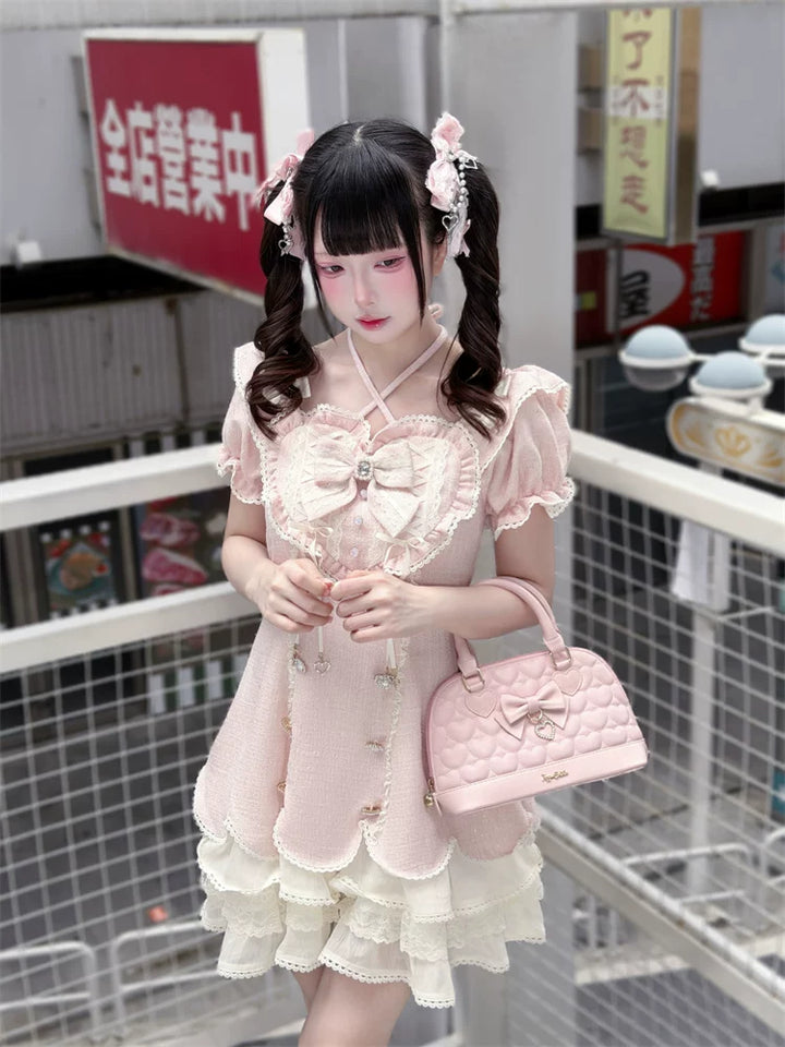 Pink Tweed Rousangata Dress, Front Heart Decoration 45570:854473
