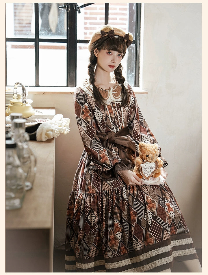 Lolita Dress Bear Embroidered Long Sleeve Dress And Vest 32068:382230 32068:382230