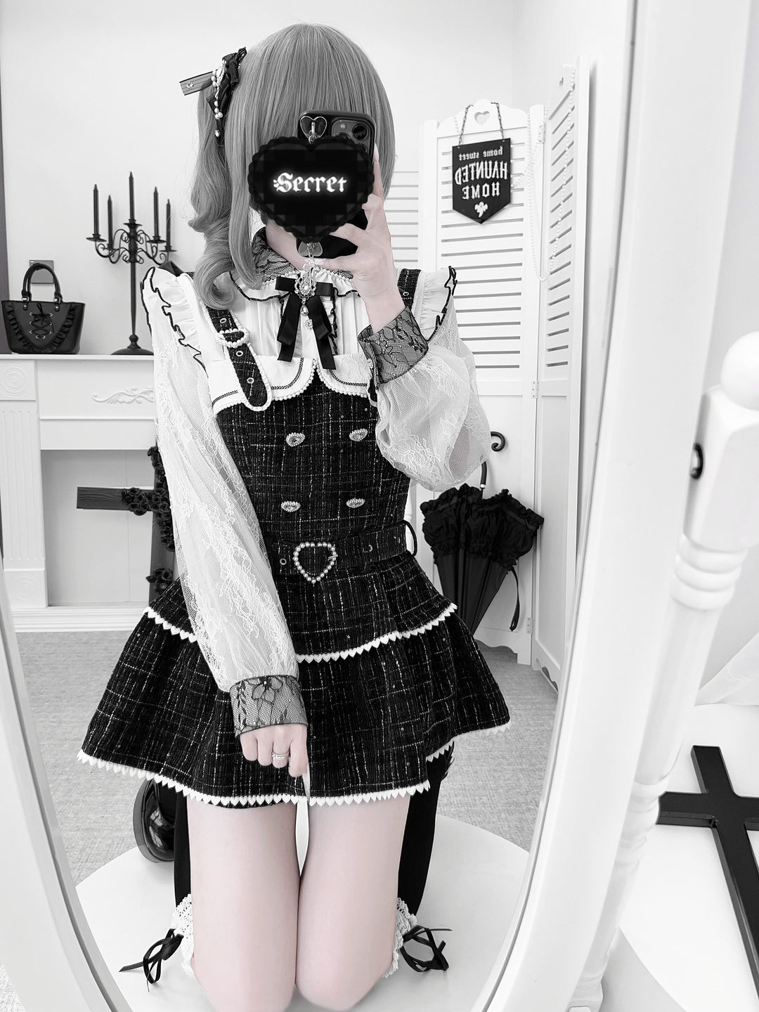 Jirai Kei Lace Sleeves Blouse, Fleece Lining 44177:800923