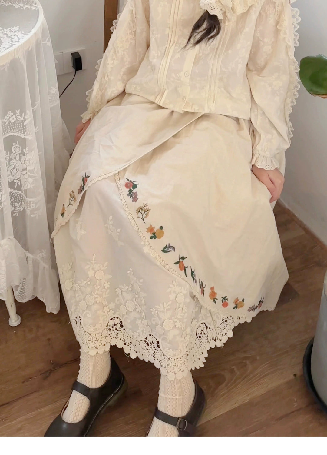 Mori Kei Skirt Sweet Retro Linen Embroidered Long Skirt 41802:714136