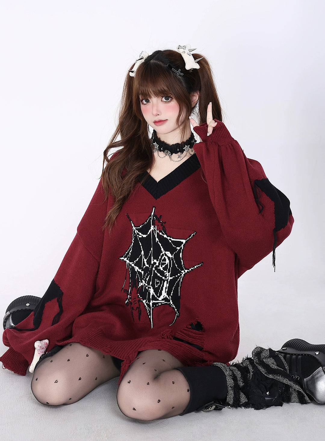 Plus Size Subculture Sweater Spider Web Sweater V-neck Sweater 39688:633900