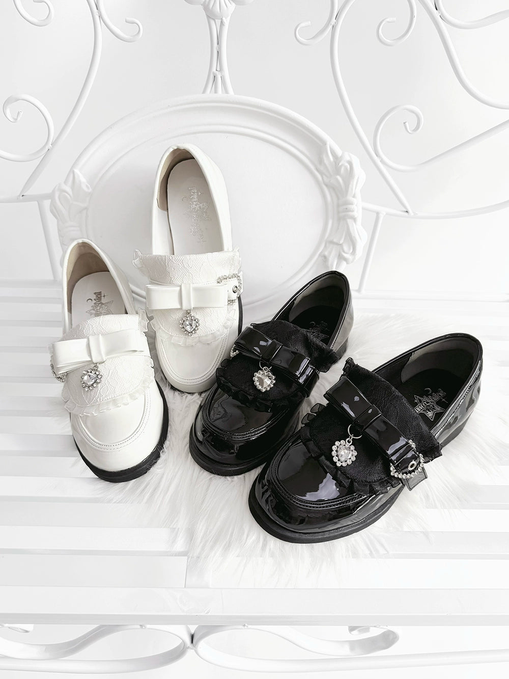 Jirai Kei Low-Heel Loafer Shoes, Rhinestones & Bow 43944:790333