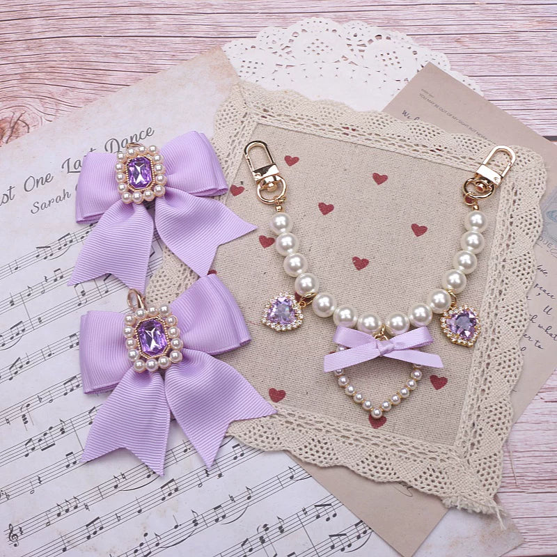 Ryousangata Bag Chain & Bow Charm, Heart-Shaped Rhinestone (Purple) 45075:839497