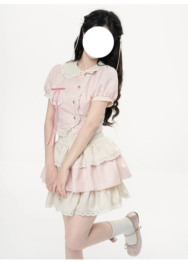 Kawaii Pink Outfit Set Sweet Tiered Skirt Set 37546:576748