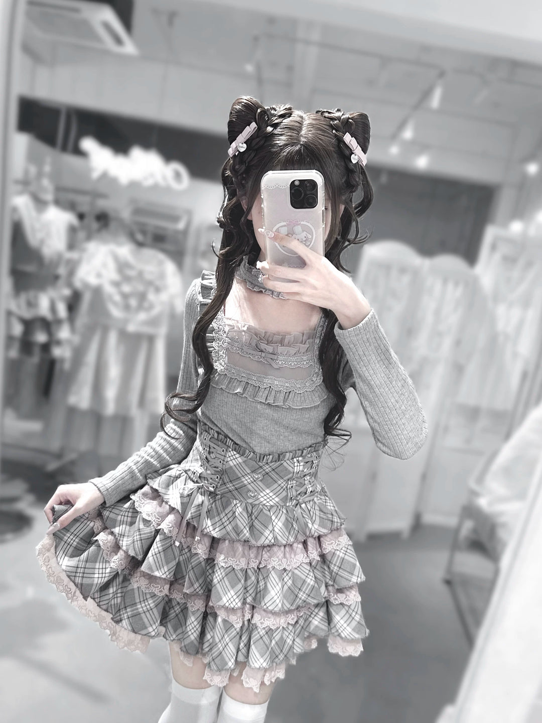 Seiso Kei Grey Pink Knit Sweater & High Waist Skirt Set 45990:873008