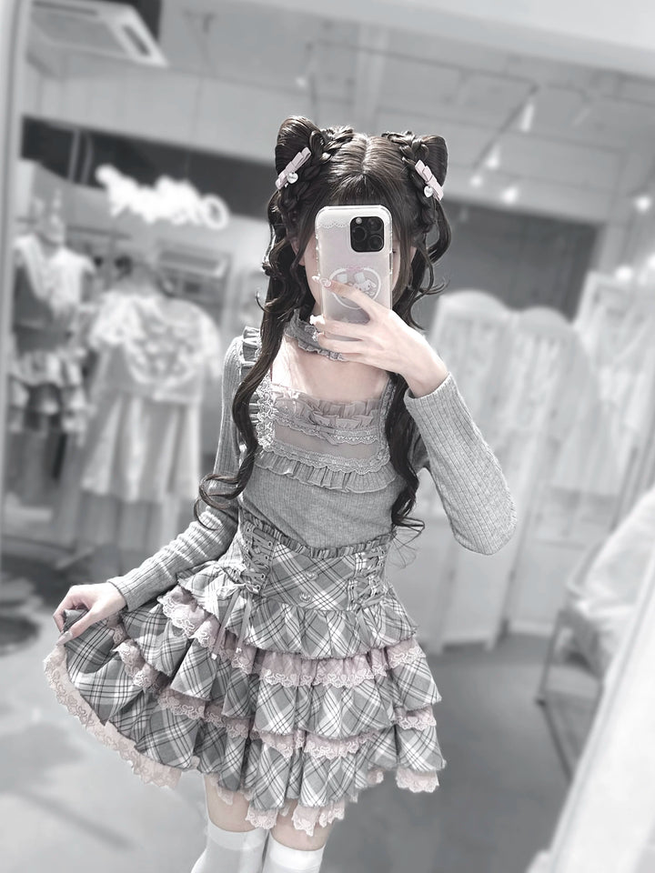 Seiso Kei Grey Pink Knit Sweater & High Waist Skirt Set 45990:873008