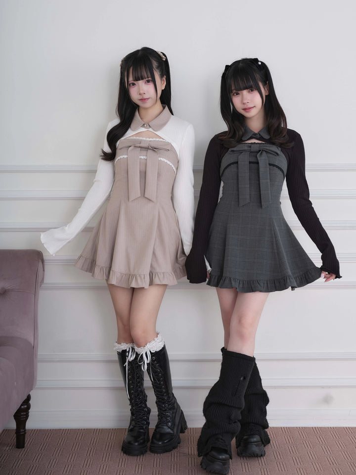 Ryousangata Dress & Knit Bolero Set, Plaid/Striped Pattern 46030:873165