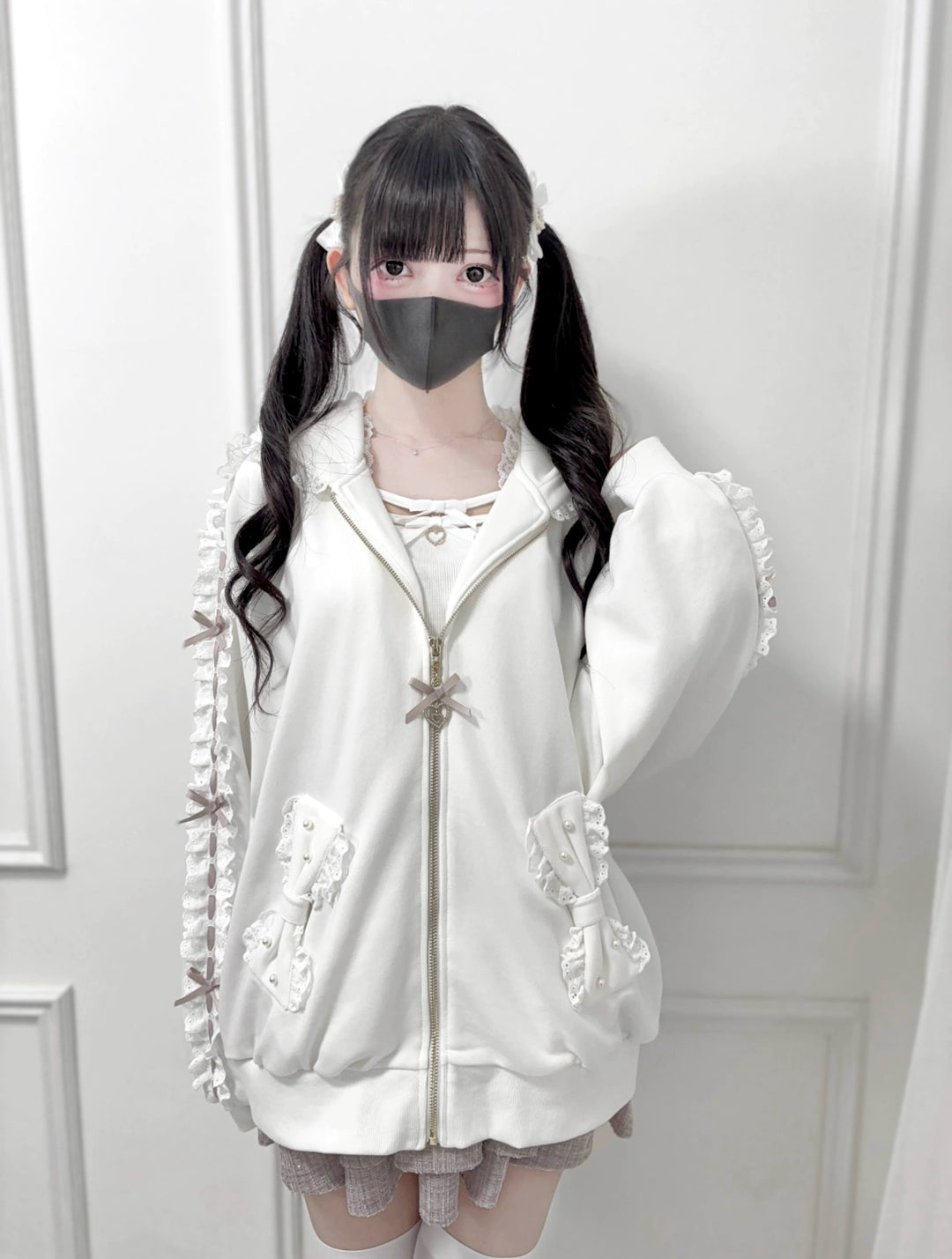 Jirai Kei Zip-Up Hoodie, Ruffle Lace and Bows 44176:800886