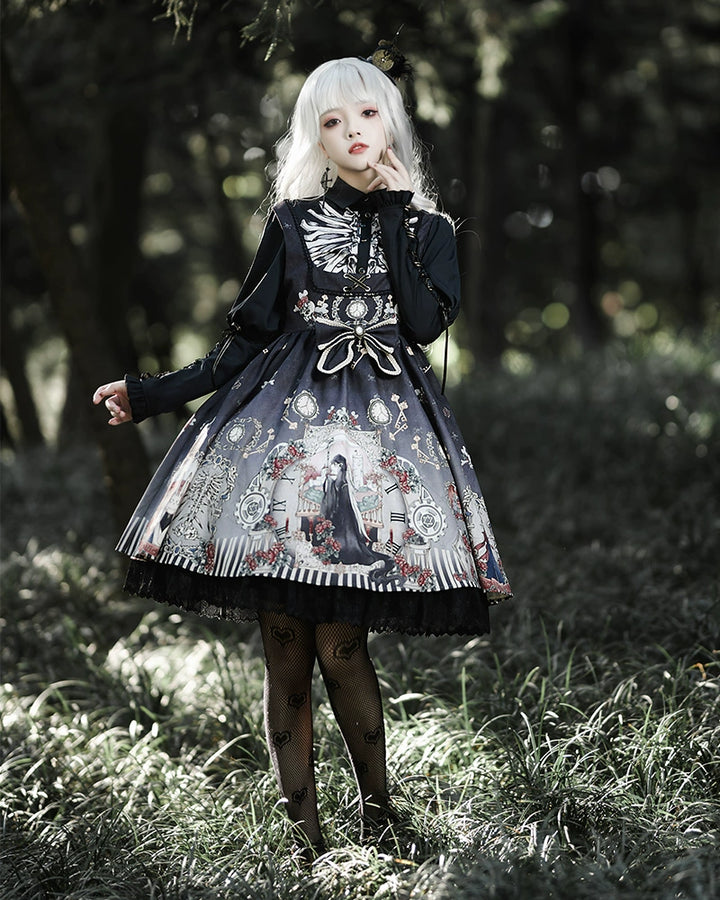 Gothic Lolita Dress Set Black White Lolita Blouse Dress Set 35536:495614