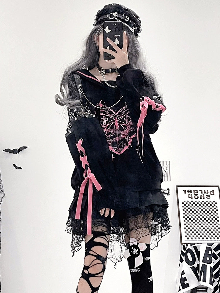 Jirai Kei Outfit Set Gothic Sailor Collar Hoodie Skirt Set 35762:517404