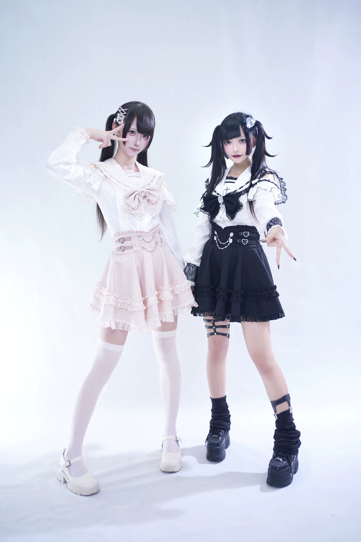 Lace Jirai Kei Sailor Collar Blouse, High Waist Skirt Set 45626:859339