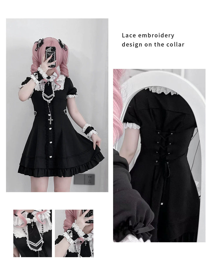 Black and White Jirai Kei Dress, Back Lace-Up 43613:780933