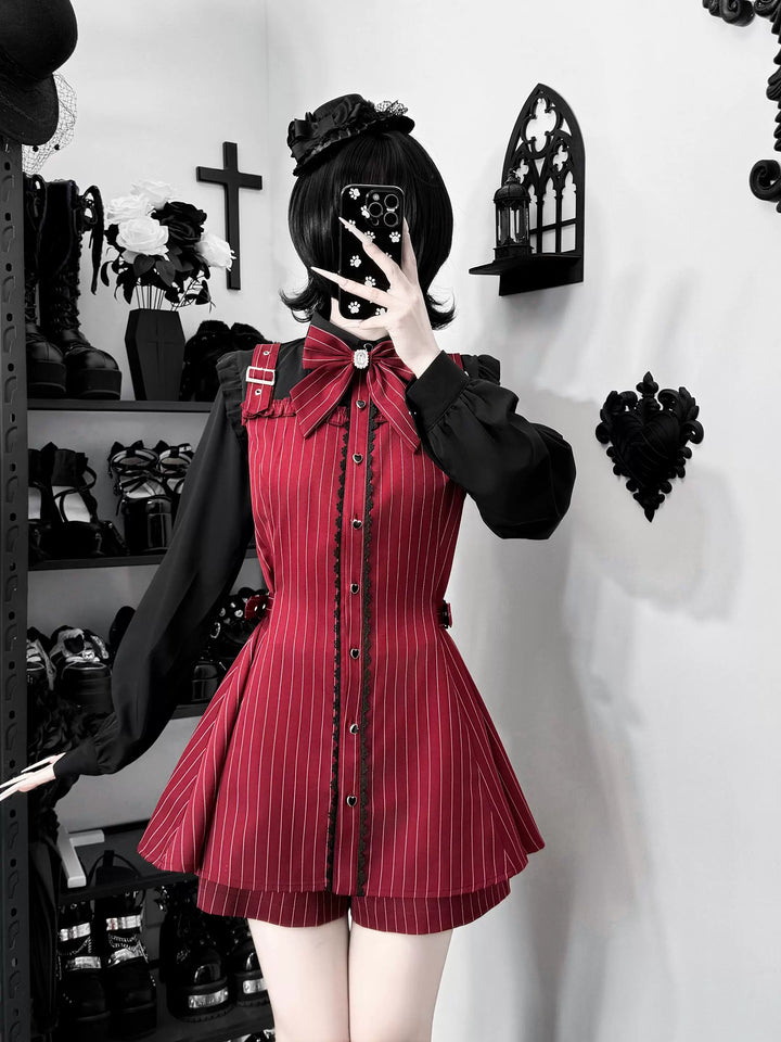Jirai Kei Striped Dress, Contrast-color Long Sleeve (Burgundy / L M S XL) 45795:865640