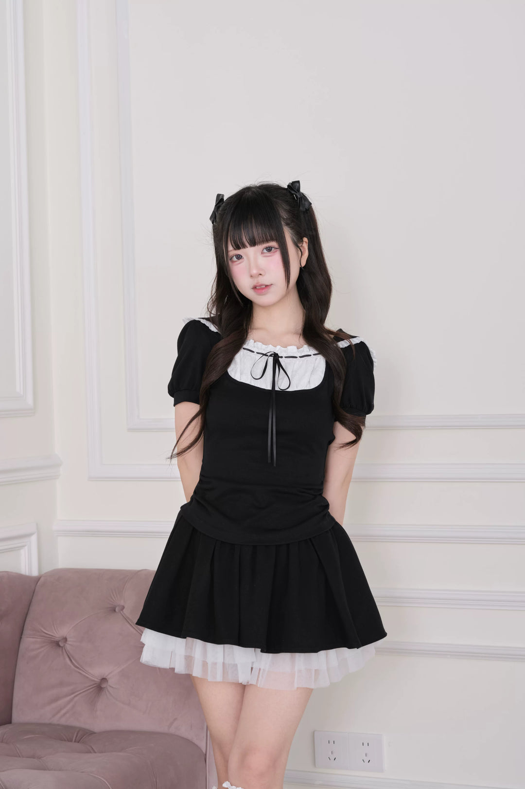Jirai Kei Hoodie Top & Skirt Set, Tulle Hem 44941:829947