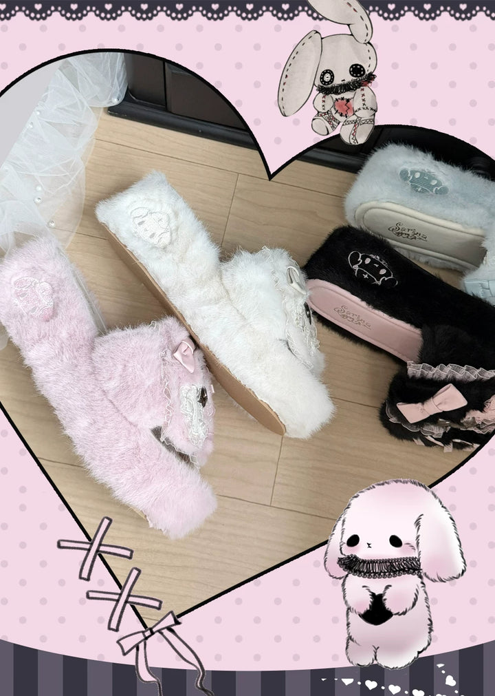Jirai Kei Plush Wedge Platform Slippers, Bunny & Bow Accents 45959:870505