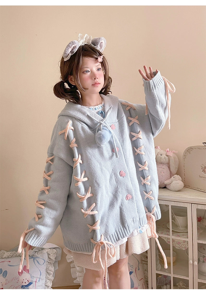 Kawaii White Pink Blue Cardigan Bunny Ears Sweater Coat 22658:345228 22658:345228