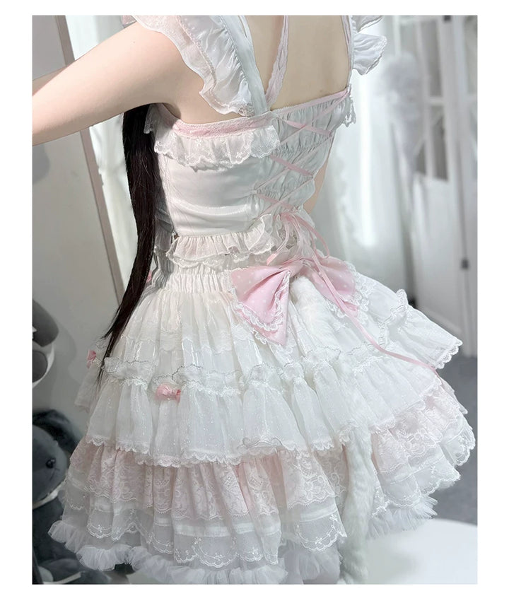 Kawaii Lolita Tiered Skirt Set, Cat Ears & Polka Dot Bow 44958:837100
