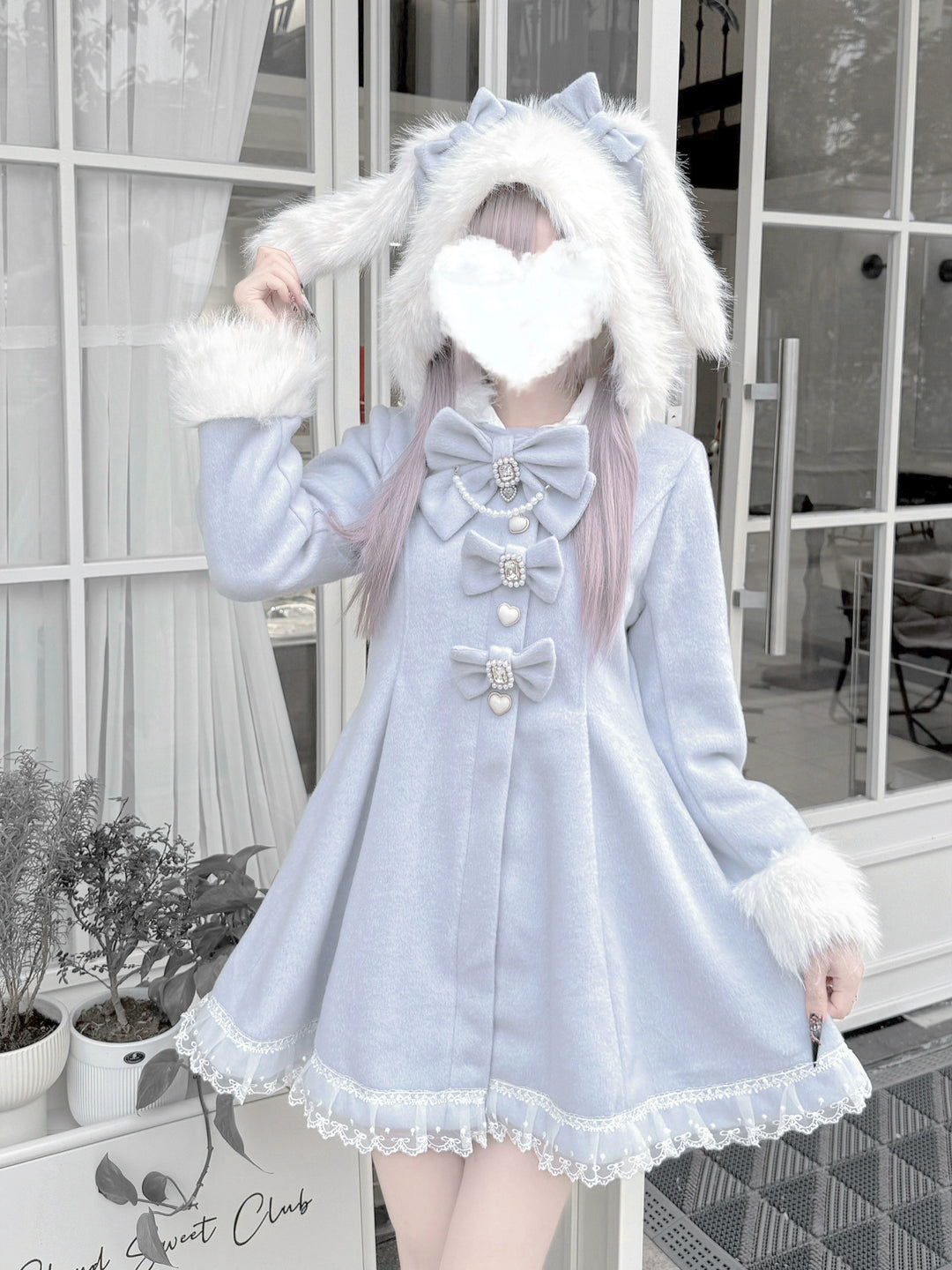 Wool-Blend Ryousangata Coat, Detachable Bunny Ear Hood (L M S) 44014:792993