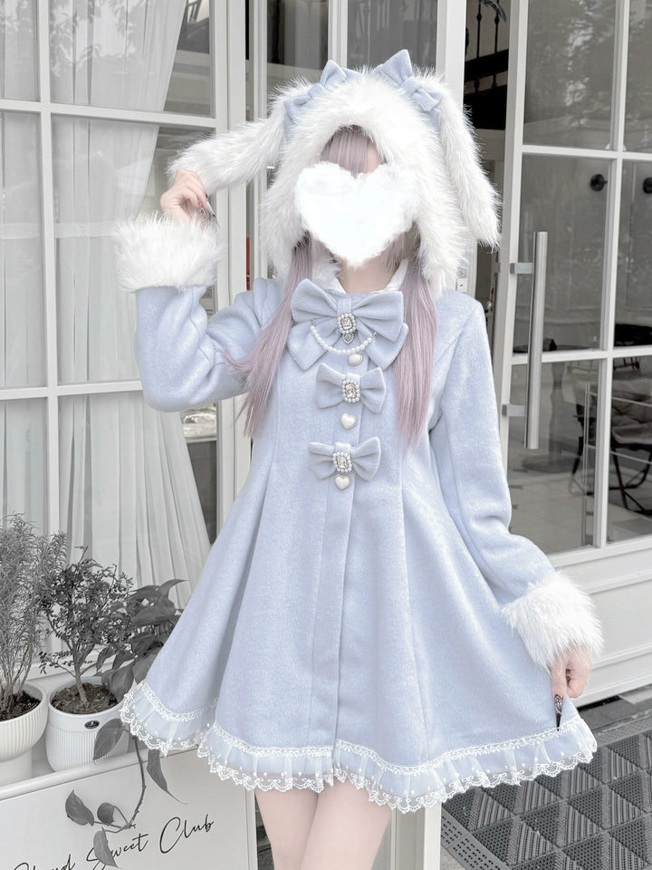 Wool-Blend Ryousangata Coat, Detachable Bunny Ear Hood (L M S) 44014:792993