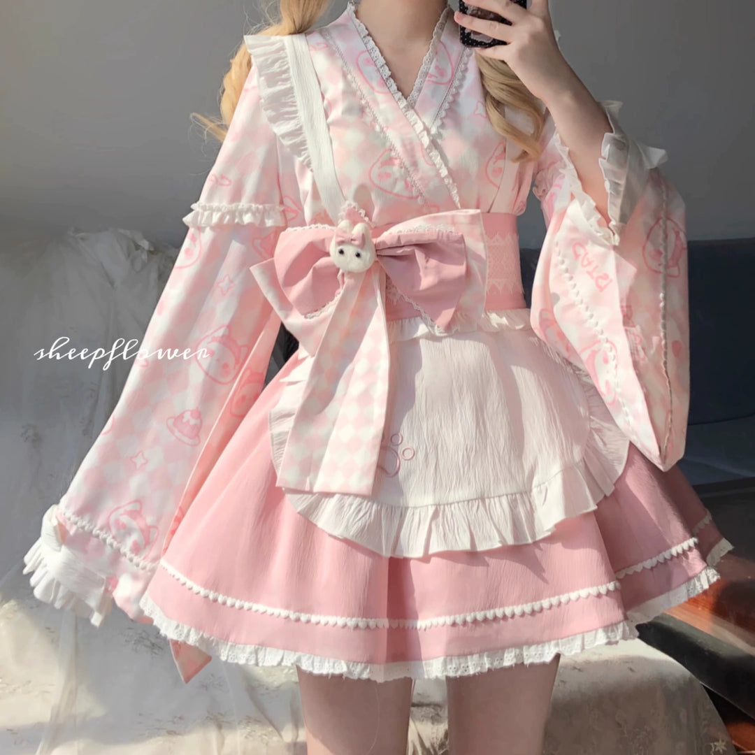 Kimono Lolita Plaid Princess Sleeve Shirt Kawaii Skirt Set (L M / Pink) 38964:606888