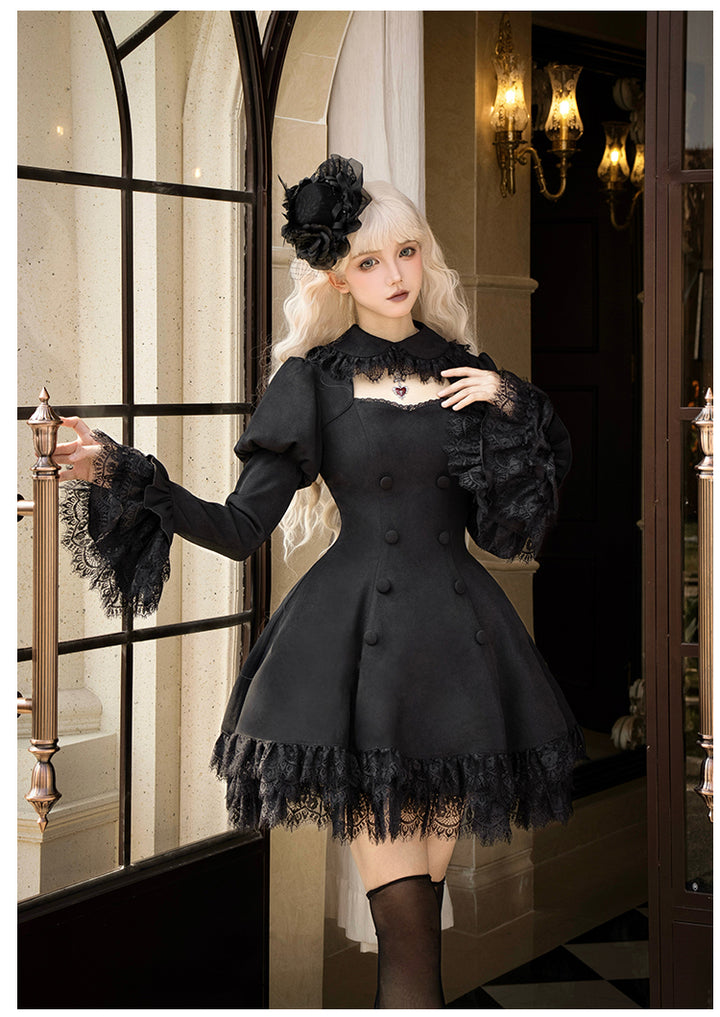 Black Gothic Lolita OP Dress with Removable Princess Sleeves 42492:742021