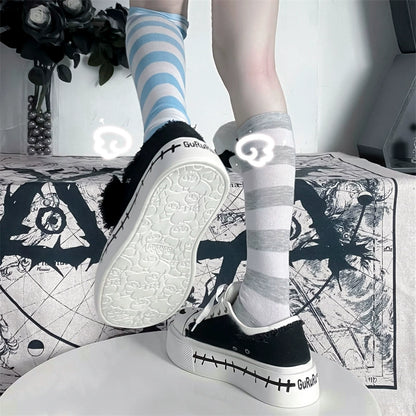 Y2K Subculture Girl Platform Canvas Black White Shoes 28960:344040