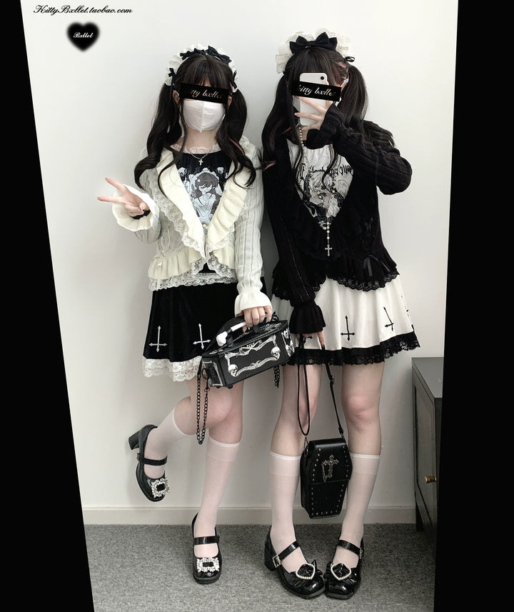 Jirai Kei Shirt Lace Hooded Bow Print Top 40016:651060