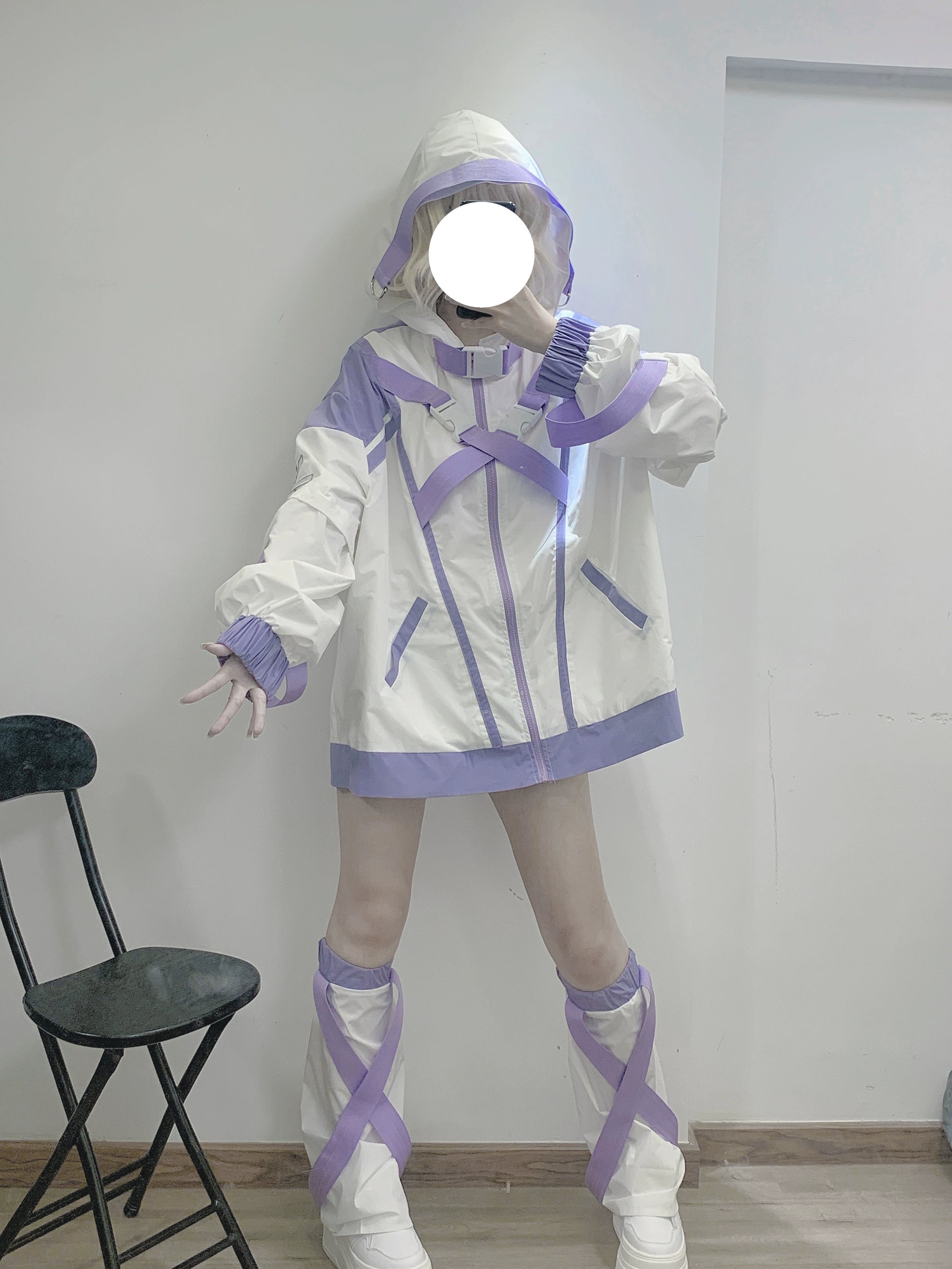 Jirai Kei Hoodie Set Oversize White Purple Sports Coat Set 37124:552962