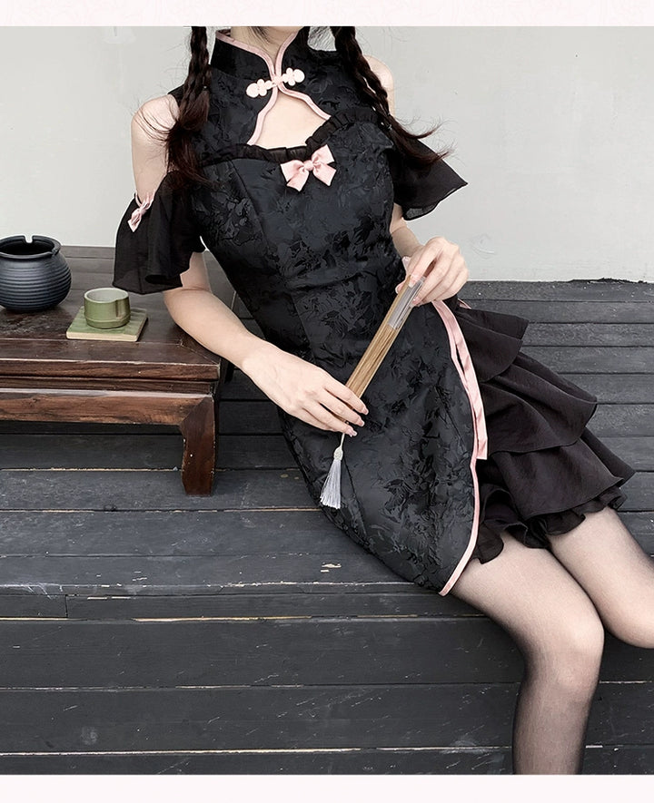 Gyaru Fashion Chinese Cheongsam Black White Dress 29526:350478