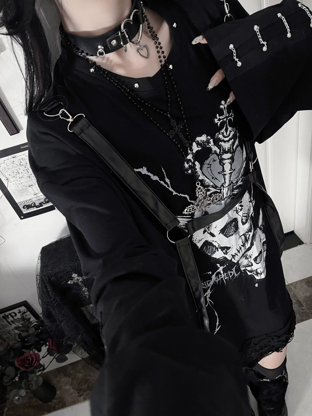 Gothic Printed Long Sleeve Tee, Detachable Strap 44336:804659