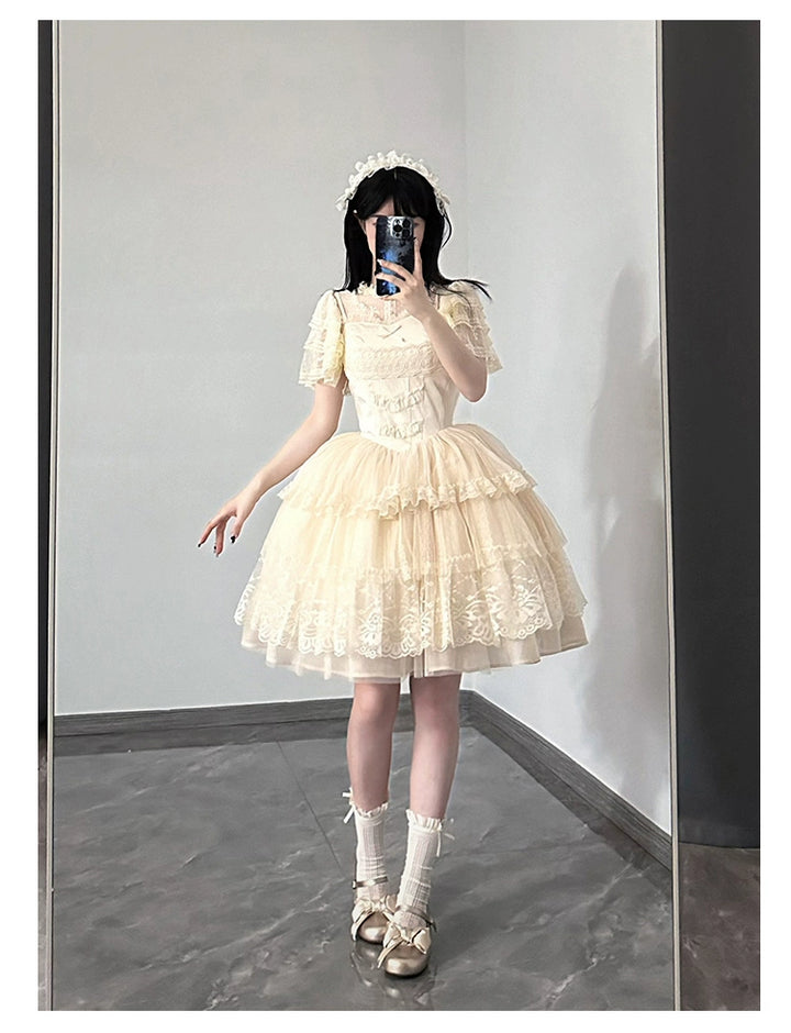 Classic Lolita Dress Flounce Hem Beige OP/JSK Puff Sleeves Shirt 38068:608702