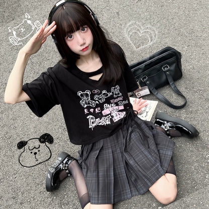 Jirai Kei T-shirt Bear Printed Short Sleeve Top For Summer (L M S / Black) 37570:563006