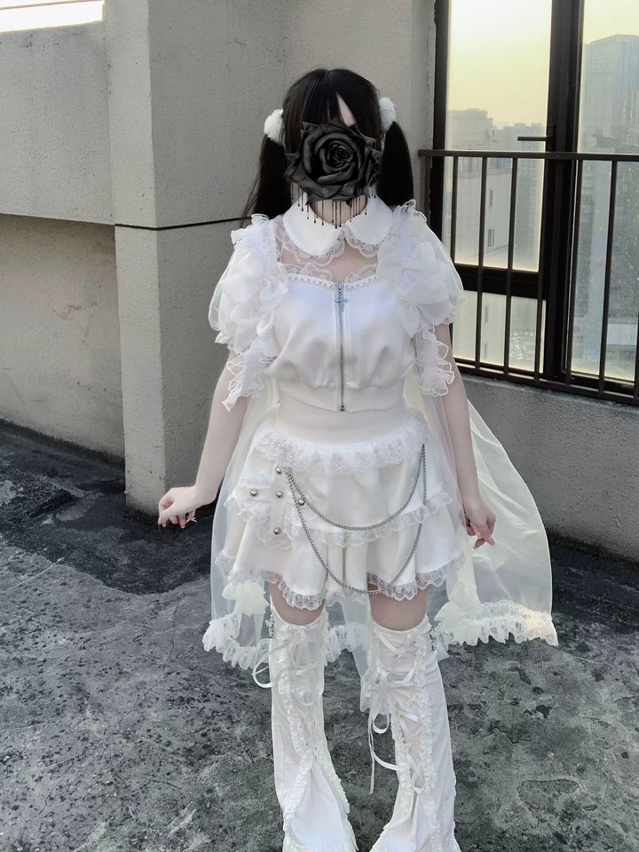 Jirai Kei Skirt & Zip-up Top, Tulle Vest 45009:838773