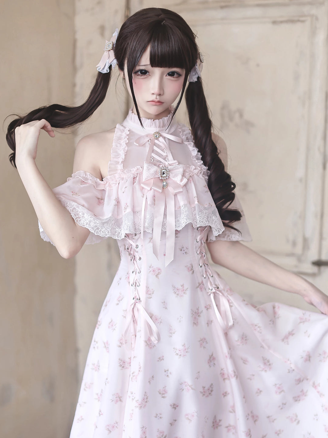 Seiso Kei Floral Print Long Dress, Open Shoulder 45360:847063