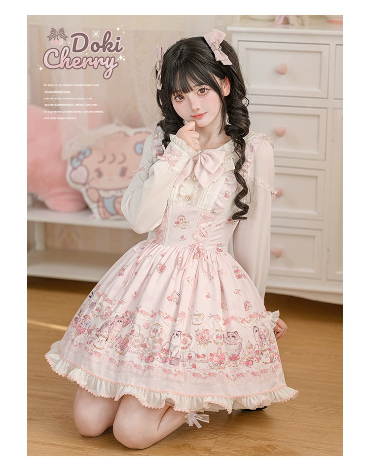 Kawaii Ryousangata Dress Long-sleeved Cat Printed OP Dress 40560:664814