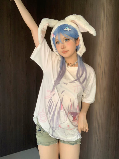 Jirai Kei Shirt Short Sleeve White shirt Anime Print Top 38000:579350