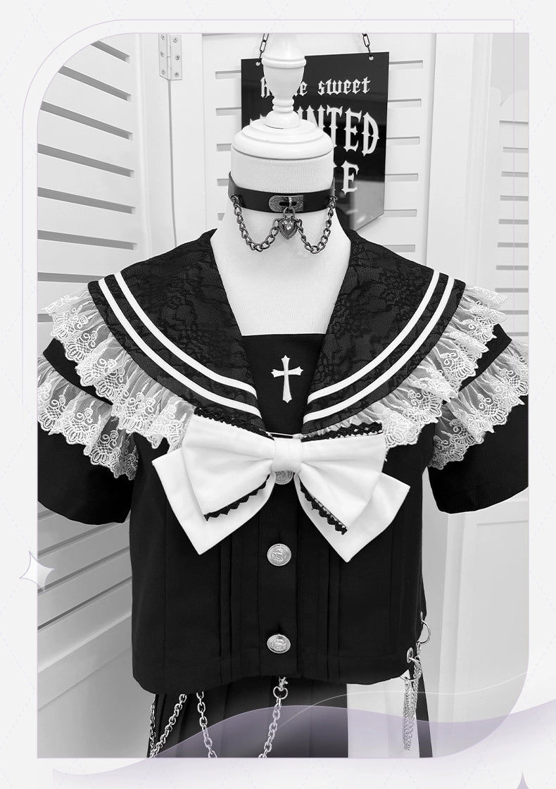 Lace Sailor Collar Gothic Skirt Suit, Detachable Waist Chain 43626:781398