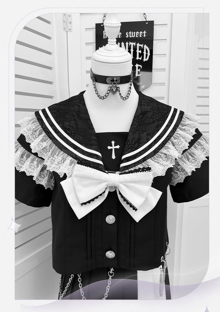 Lace Sailor Collar Gothic Skirt Suit, Detachable Waist Chain 43626:781398
