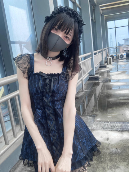 Jirai Kei Dress Set Blue Plaid Flying Sleeve Dress (L M) 35266:485274