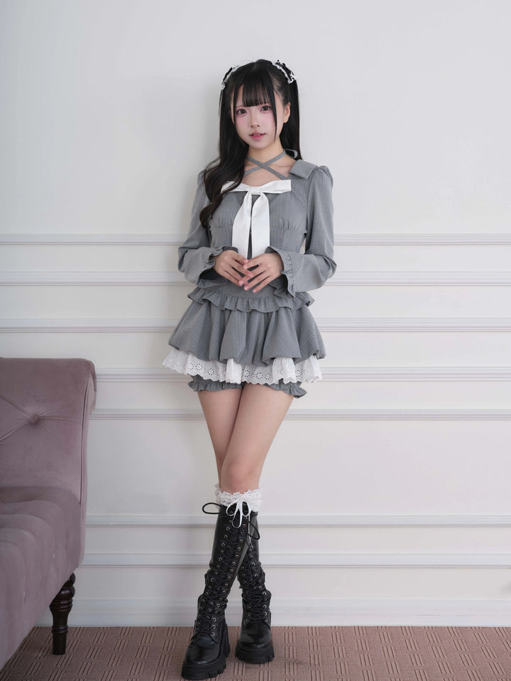 Ryousangata Plaid/Striped Dress & Shorts Set, Chest Big Bow 46031:873226