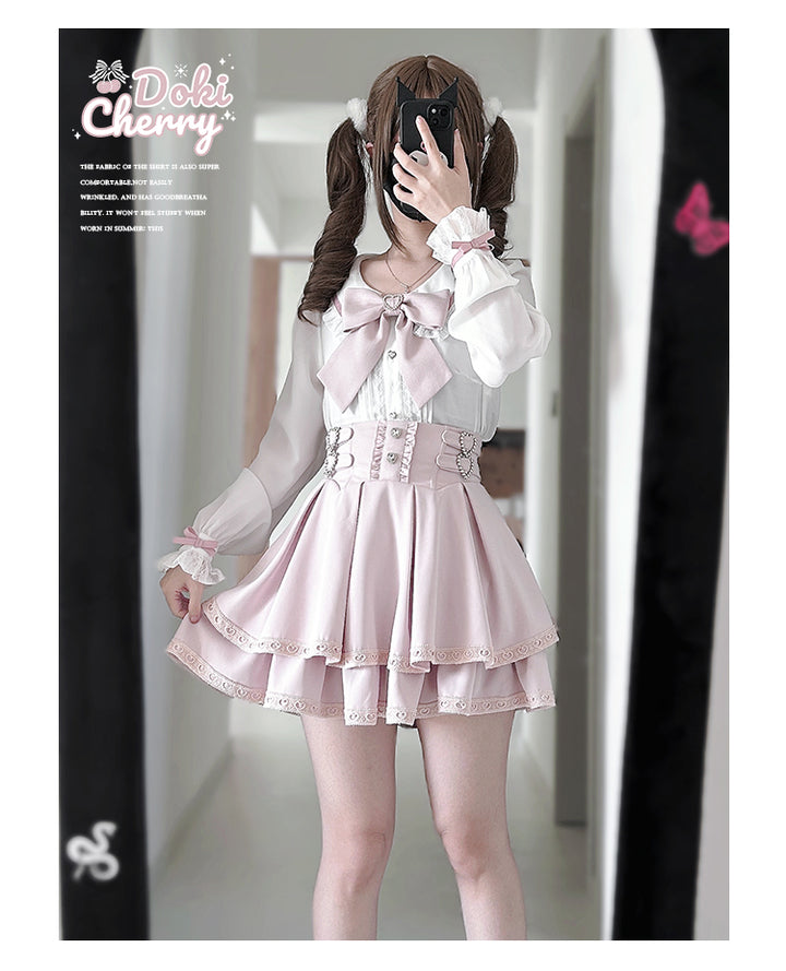 Jirai Kei Outfit A-Line Skirt and Long-Sleeved Blouse with Rhinestone Bow 42520:744281