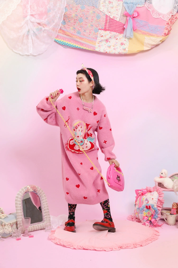 Kawaii Pink Sweater Dress Fluffy Dress With Heart Cat Patterns 31508:367812 31508:367812