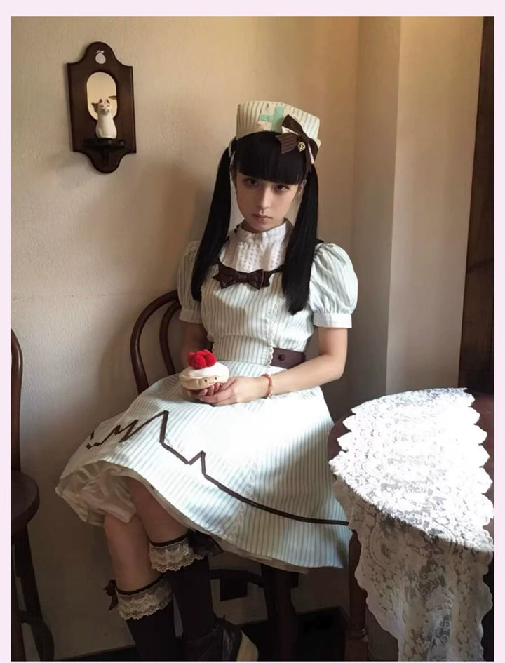 Old School Lolita Striped Dress, Cross Apron 45136:836818
