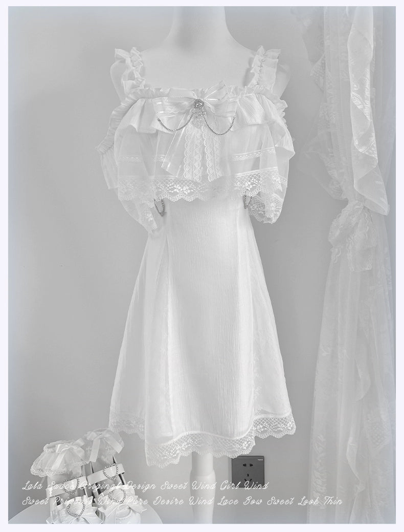 Solid White Jirai Kei Dress With Bust Sheer Overlay (L M S) 43299:772978