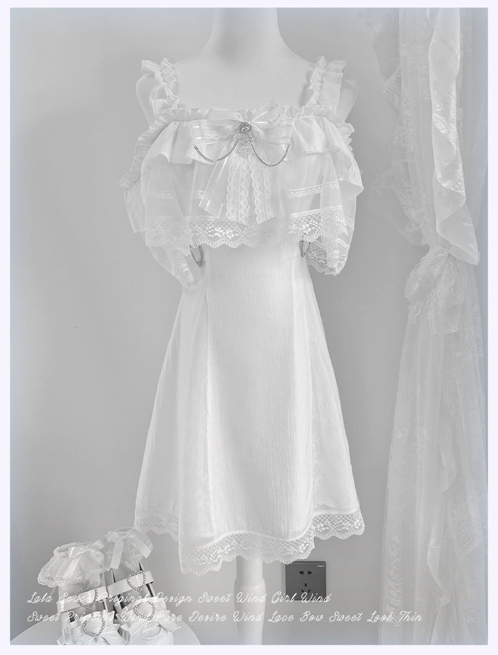 Solid White Jirai Kei Dress With Bust Sheer Overlay (L M S) 43299:772978