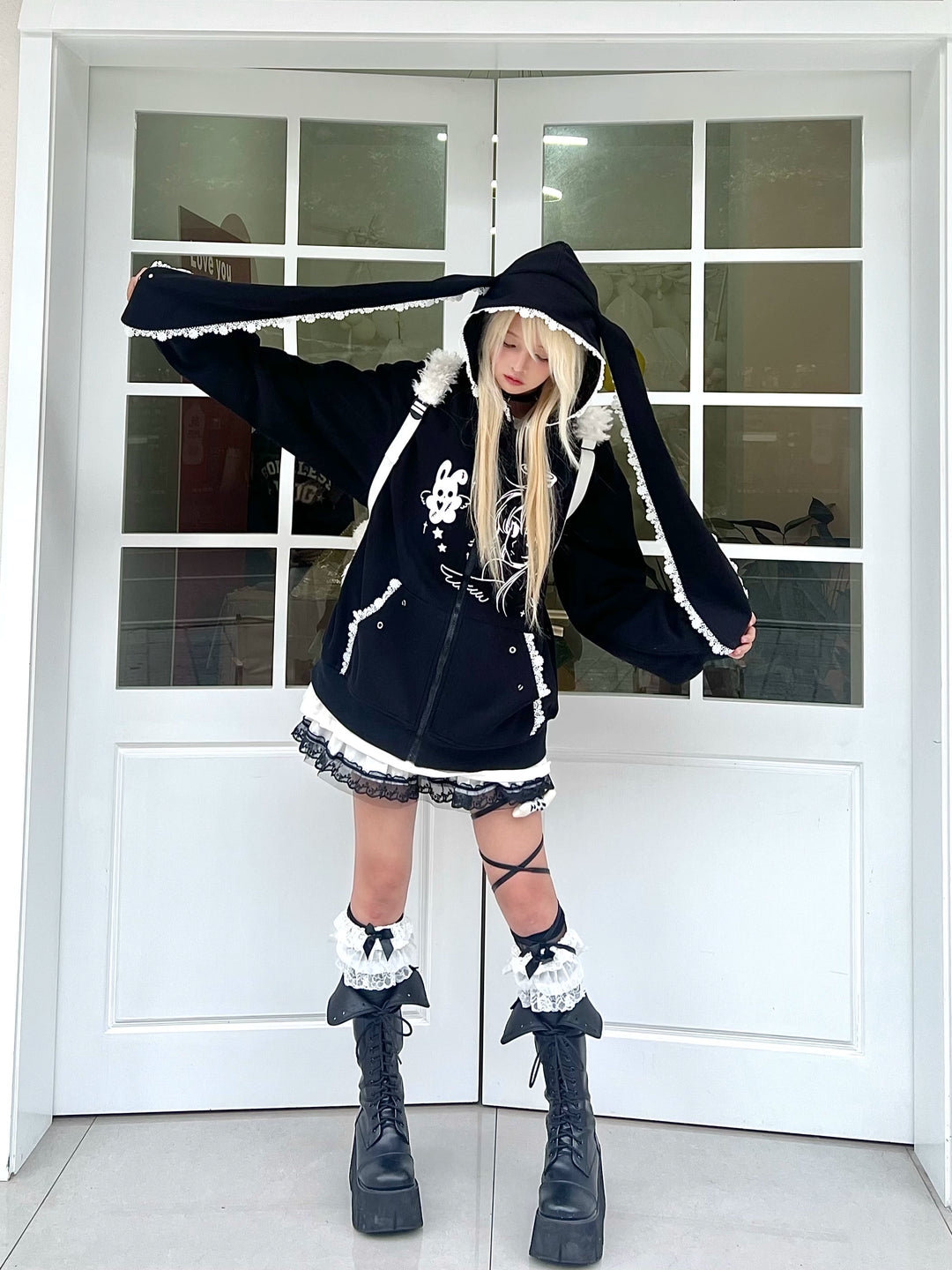 Jirai Kei Coat Bunny Ears Hoodie Lace Rivet Winter Coat 32412:415512